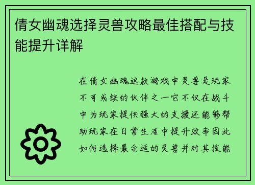 倩女幽魂选择灵兽攻略最佳搭配与技能提升详解